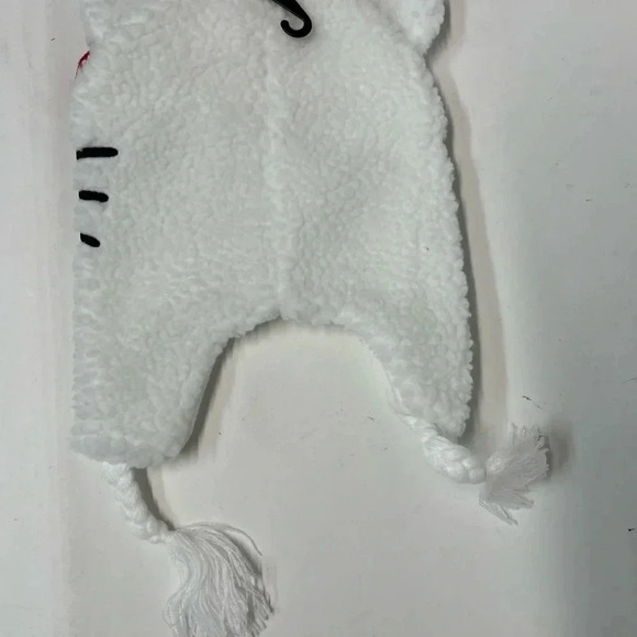 White hello Kitty hat, Sherpa outside red bow, braided tassels on the side - Picture 4 of 5